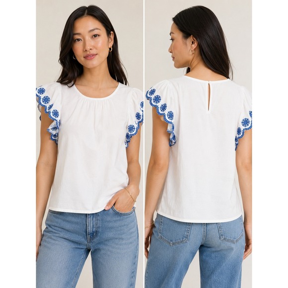 J. Crew Factory Tops - J.Crew Flutter Sleeve Top M White Blue Embroidered Cotton Scallop Boho Coastal